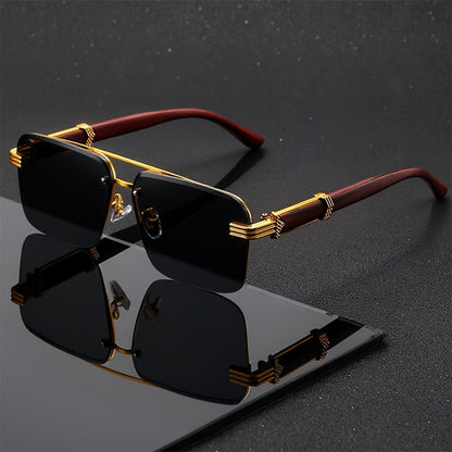 Men's Semi-Rimless Business Eyeglasses – Lightweight Metal Frame with Woodgrain Temple Tips, Non-Prescription Fashion Glasses for Office, Driving, Road Trips & Daily Wear