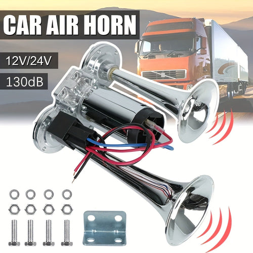 130dB Super Loud Double Tube Air Horn 12V/24V – Aluminum Alloy with Compressor, Quick Install for Trucks, SUVs, Motorcycles, Boats & Off-Road Vehicles