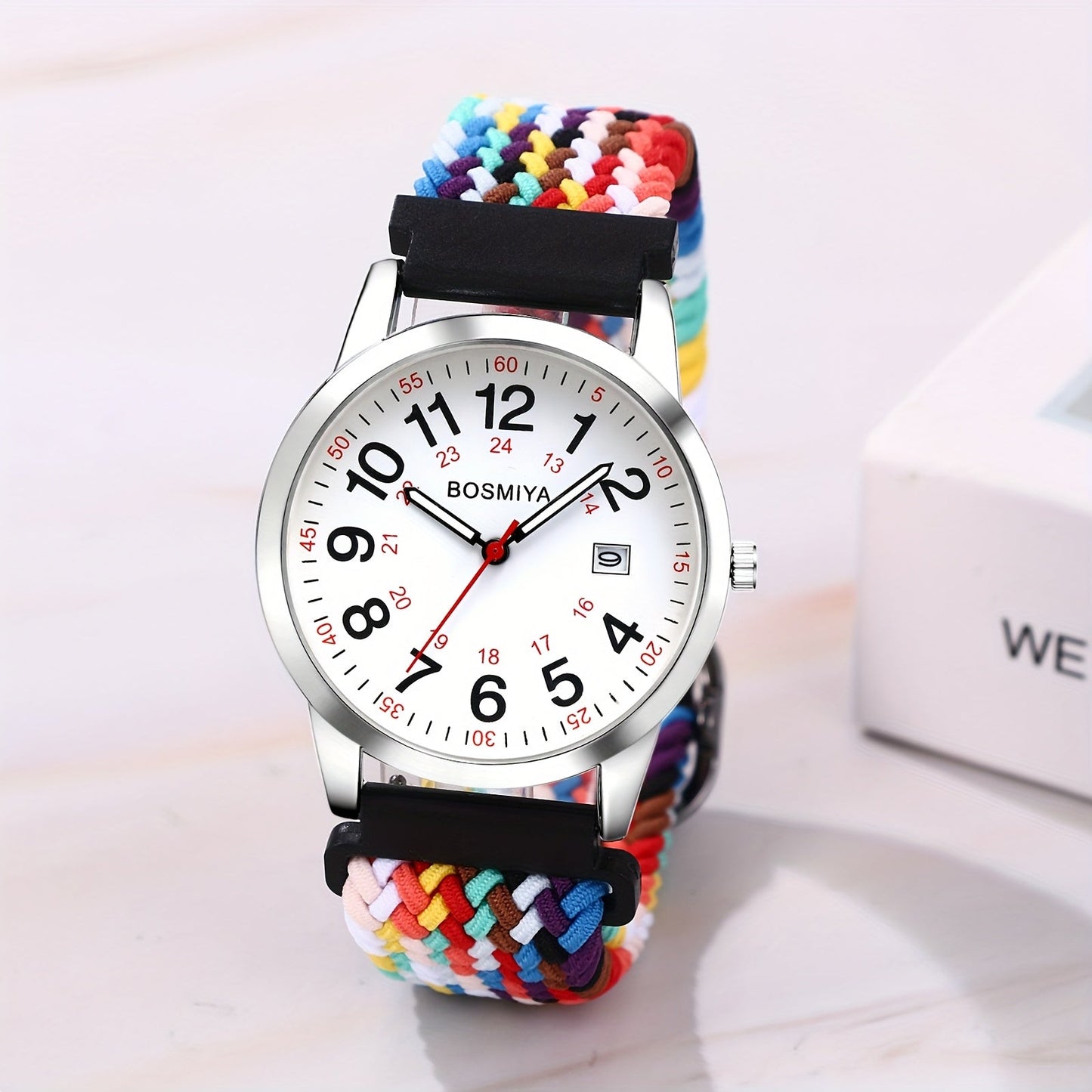 Analog Quartz Sports Watch with Large Calendar Dial & Braided Nylon Strap – Easy-Read 24-Hour Round Case Wristwatch for Men & Women, Flexible Adjustable Elastic Band, 4 Styles