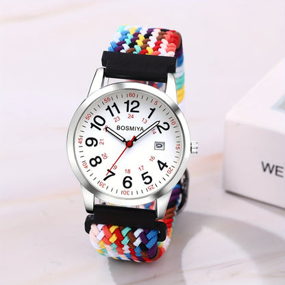 Analog Quartz Sports Watch with Large Calendar Dial & Braided Nylon Strap – Easy-Read 24-Hour Round Case Wristwatch for Men & Women, Flexible Adjustable Elastic Band, 4 Styles