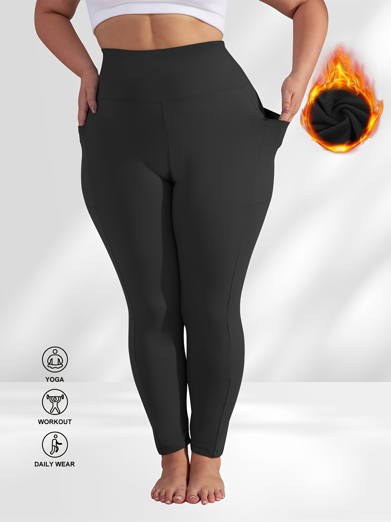 Women's Plus Size Yoga Pants with Pockets – High-Waist Fleece-Lined Warm Leggings for Fall & Winter, Tight-Fitting Elastic Sports Base Layer Pants, Sizes 1XL-5XL in Black, Gray, Burgundy & Navy