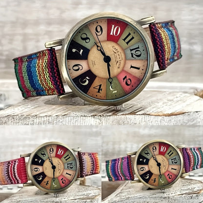 Colorful Bohemian Women’s Quartz Watch – Striped Band Analog Wristwatch with Stainless Steel Case, Shock Resistant, Fun Boho Style for Daily Wear & Gifts