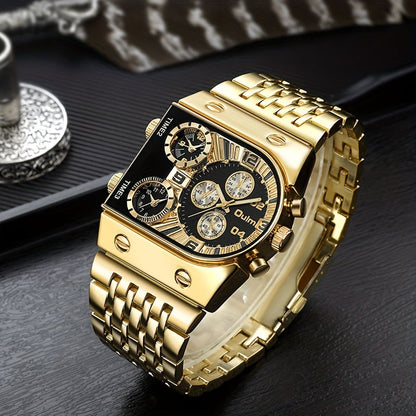 Oulm Men's Multi Time Zone Large Dial Stainless Steel Band Business Quartz Watch Dual Display Black Blue Gift for Him