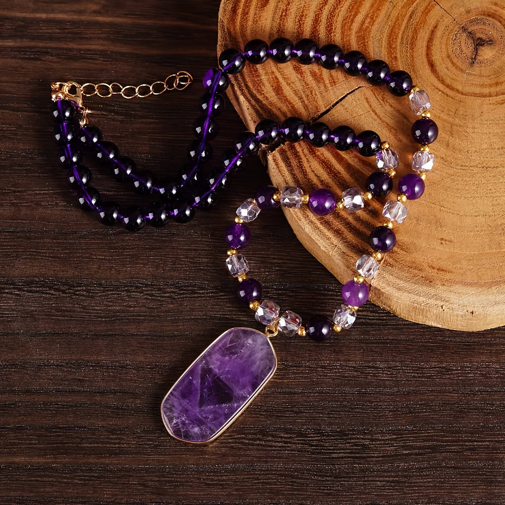 2-Pack Bohemian Natural Amethyst Double Layer Necklace Purple Stone Crystal Pendant Women Vintage Handcraft Mother's Day Birthday Gift