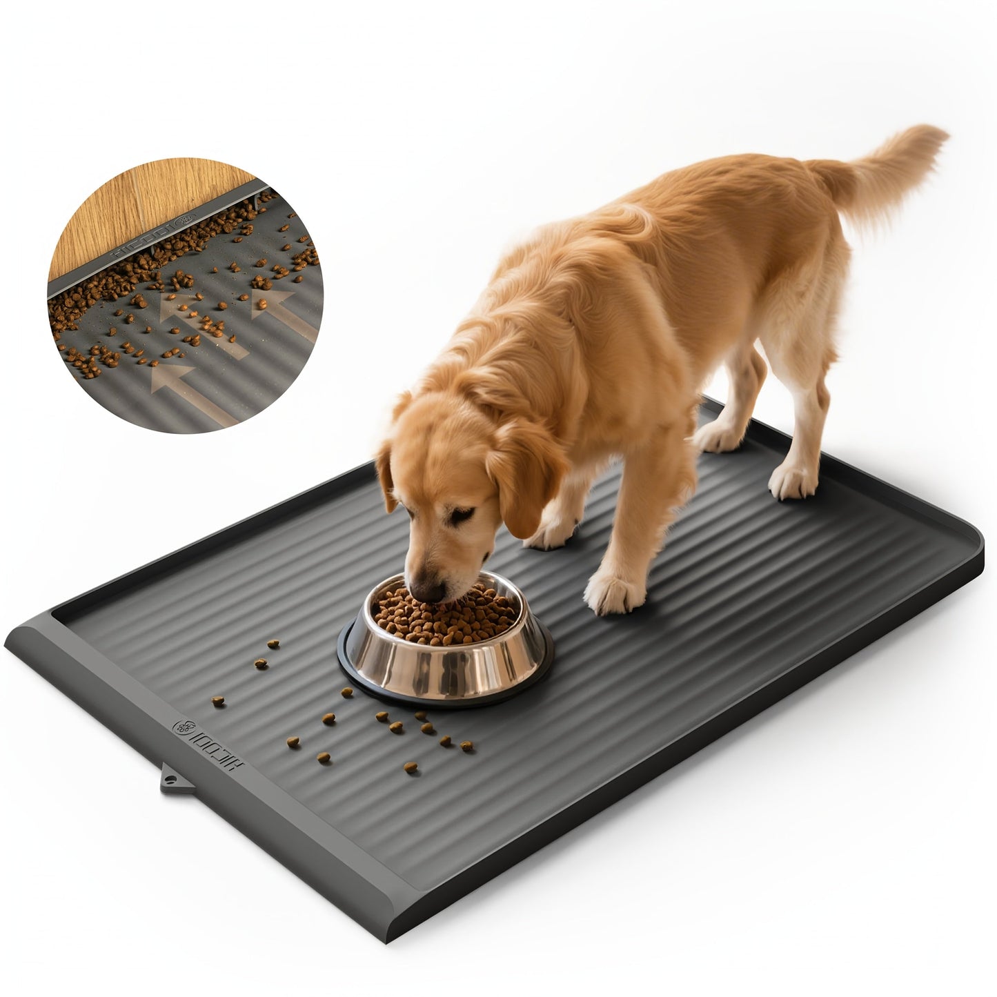 Waterproof Pet Feeding Mat 36"x24" Large Non-Slip Dog & Cat Food Mat – Raised Edges, Diversion Grooves, Easy to Clean, Dog Bowl Mat for Food & Water, Grey