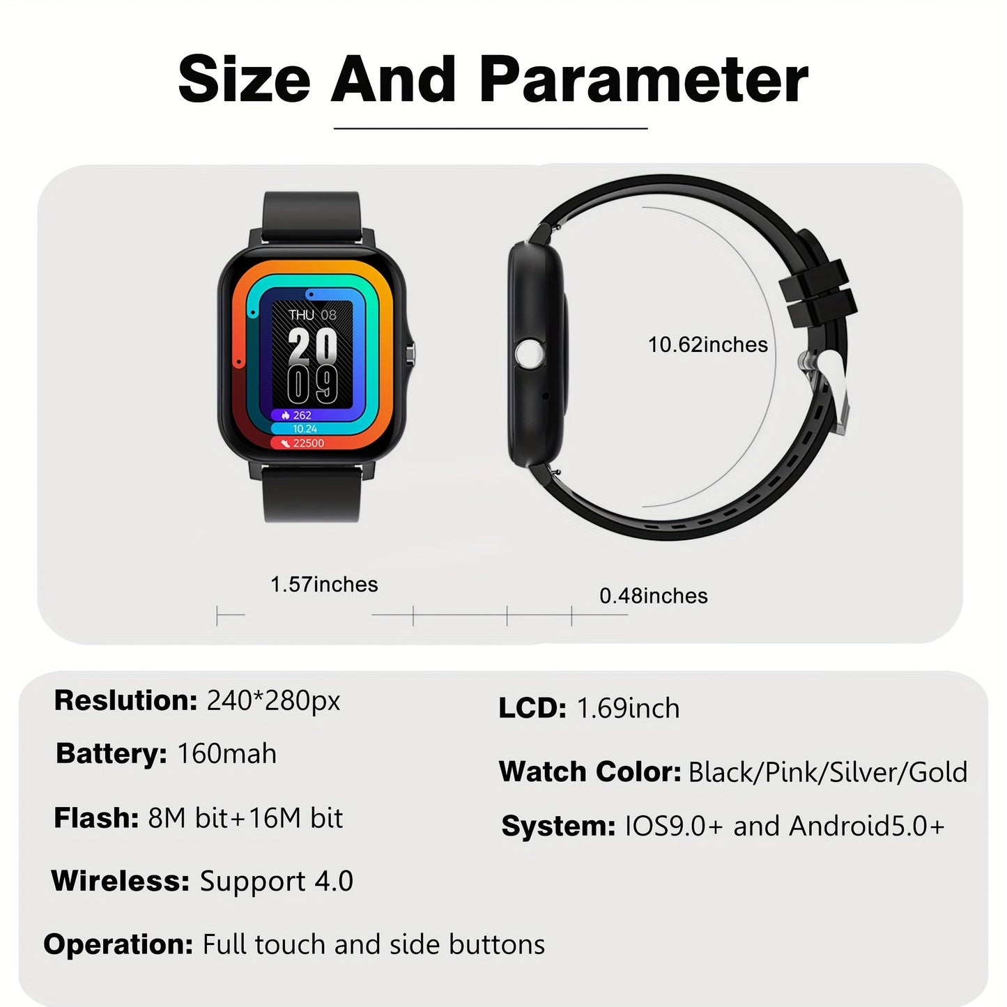 Smart Watch with Call & SMS for Android iPhone – Fitness Tracker with Heart Rate Monitor, Pedometer, Calorie Counter, Multi-Sport Modes, Customizable Watch Faces, Unisex Design, Black Pink Gold