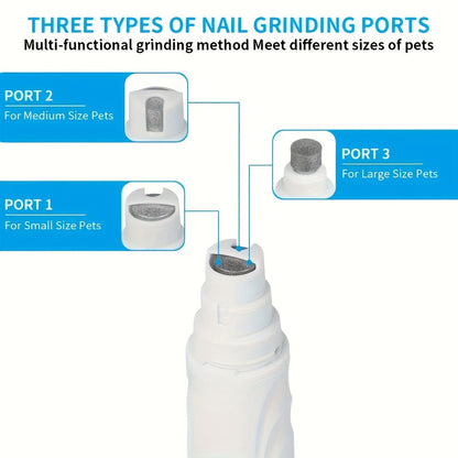Electric Pet Nail Grinder for Dogs & Cats – Quiet USB Rechargeable Dog Nail Trimmer with 2 Speeds & 3 Port Sizes, Safe Low Noise Claw Grinder Tool