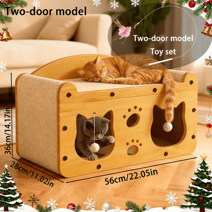 Large Cat House with Scratcher Pads & Plush Ball Toys – Ventilated Indoor Outdoor Cat Shelter, Choose Single Door, Double Door or Luxury Double-Layer Design, Great Cat Gift