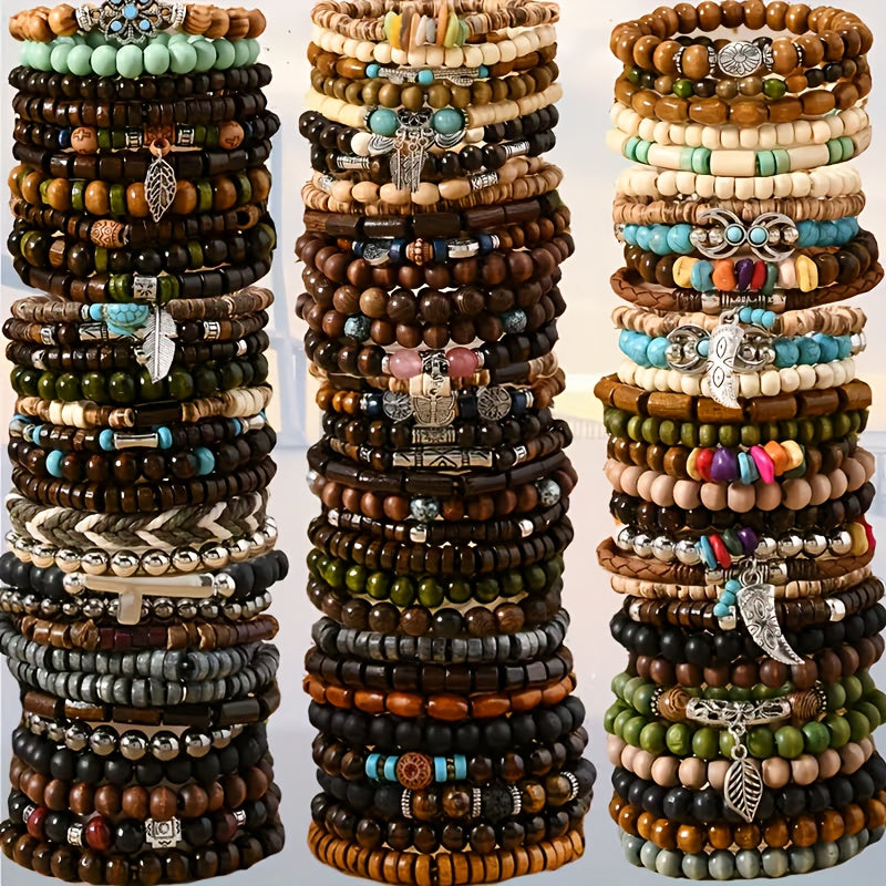 42pcs Vintage Bohemian Wooden Beaded Bracelet Set for Women & Men – Ethnic Stackable Boho Hand String Bracelets Random Mix, Outdoor Festival Holiday Jewelry Accessory Collection