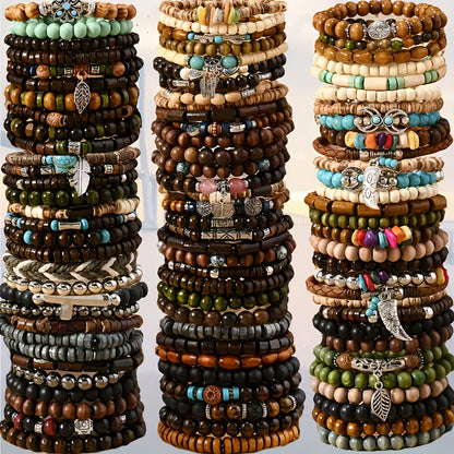 42pcs Vintage Bohemian Wooden Beaded Bracelet Set for Women & Men – Ethnic Stackable Boho Hand String Bracelets Random Mix, Outdoor Festival Holiday Jewelry Accessory Collection