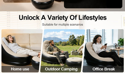 Inflatable Sofa Set 2 Piece Adult Recliner Lounge Chair with Footstool Plush Fabric Heavy Duty Portable Folding Air Couch with Pump Indoor Outdoor Camping Beach Living Room Patio