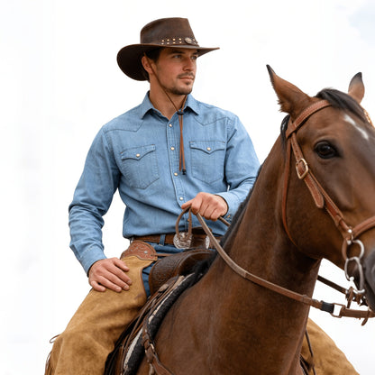 Genuine Leather Cowboy Hat for Men and Women Western Australian Wide Brim Shapeable UV Protection Vintage Brown Hat with Chin Cord Sizes S to 3XL
