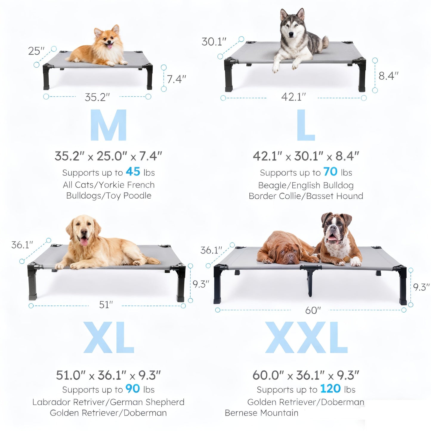 Cooling Elevated Dog Bed Raised Cot with Breathable Mesh & Metal Frame – Washable Portable No-Slip Dog Cot for Indoor & Outdoor Use, Available in 4 Sizes & 7 Colors for All Breeds