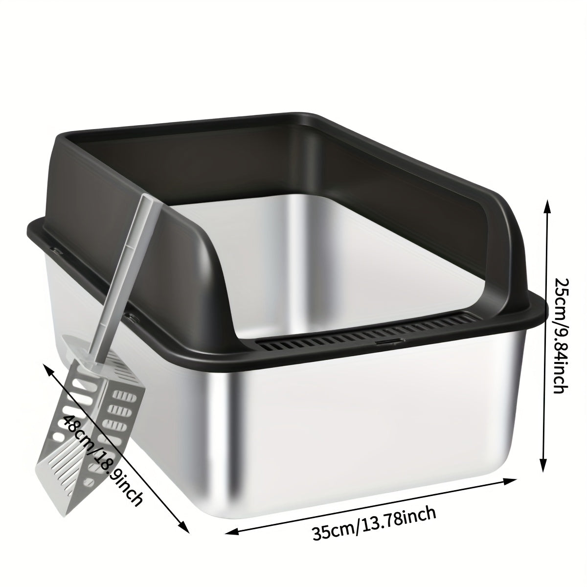 Stainless Steel Cat Litter Box High Sides Anti-Leakage Metal Litter Pan with Scoop Sifting Tray Rust-Proof Odor-Resistant Non-Stick Easy Clean Indoor Cat Toilet Medium Large Cats