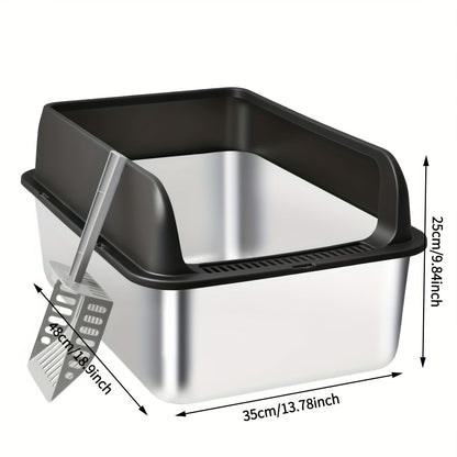 Stainless Steel Cat Litter Box High Sides Anti-Leakage Metal Litter Pan with Scoop Sifting Tray Rust-Proof Odor-Resistant Non-Stick Easy Clean Indoor Cat Toilet Medium Large Cats