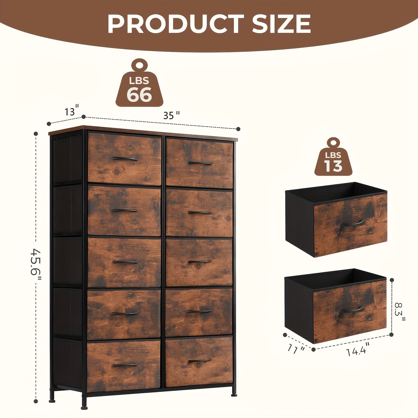 Drawer Cabinet with Metal Frame & Hardwood Top – Home Office Storage Organizer, 2 to 10 Drawers, Assembly Required – White, Grey, Black, Rustic Brown – Bedroom, Living Room & Office Filing Cabinet