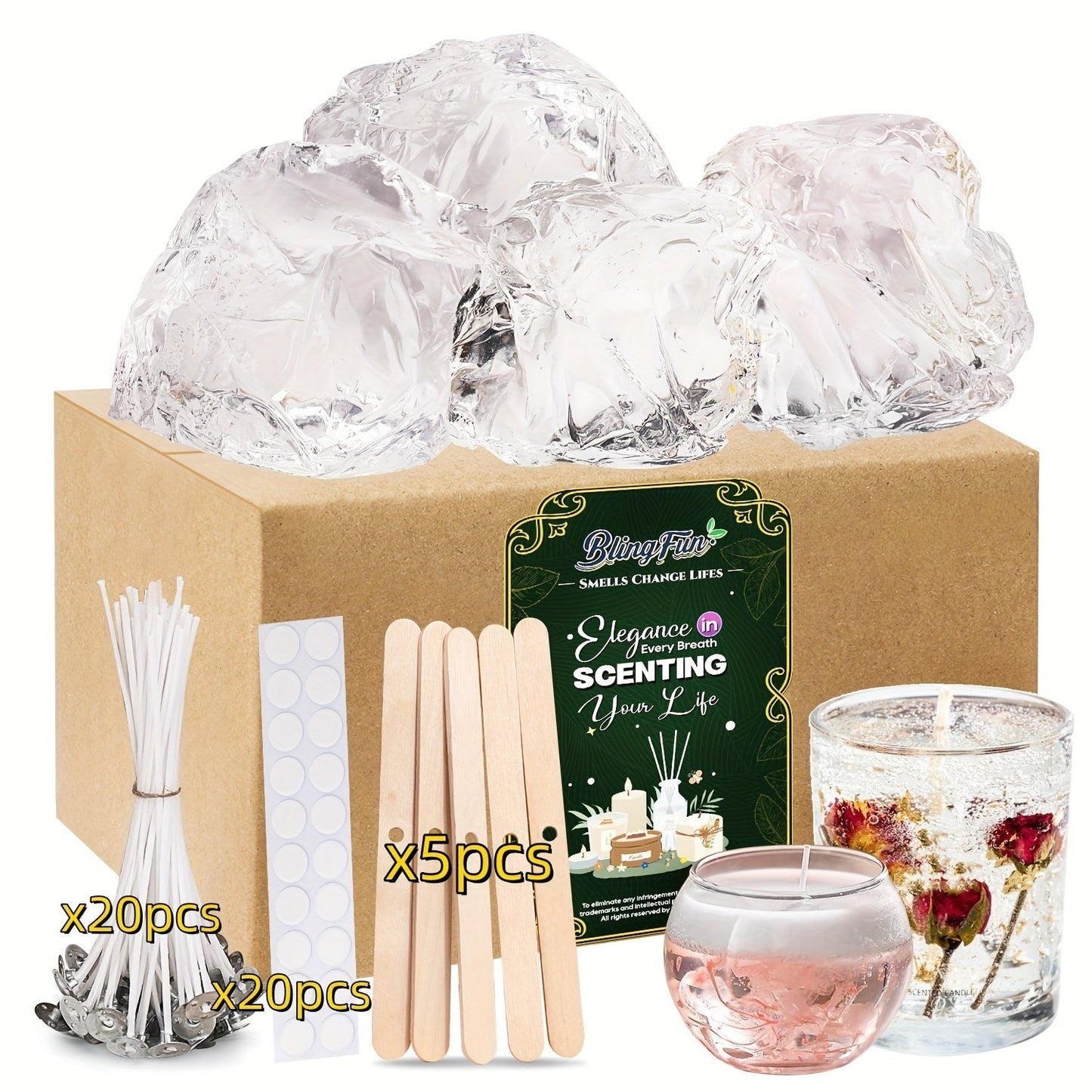 BlingFun Gel Candle Making Kit – 400g Clear Jelly Wax 4 Colors, 20pcs Pre-Tabbed Wicks, 20pcs Stickers, 5pcs Wick Holders, DIY Scented Candle Supplies for Beginners Home Decor Craft Gift