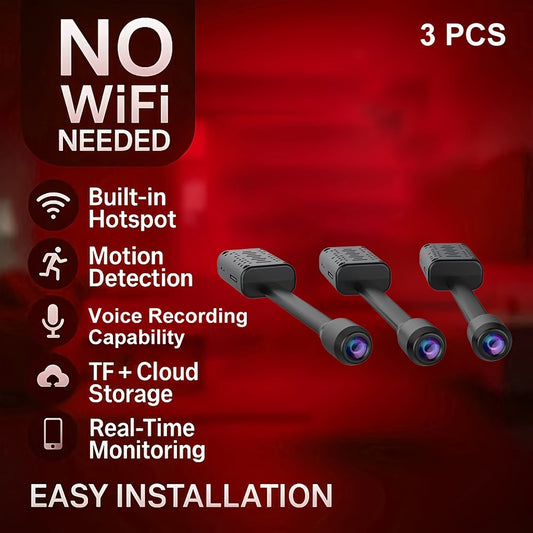 Security Camera 3 Pack 1080P Full HD – Built-In Hotspot No WiFi Required for Local View, Motion Detection, Audio Recording, Cloud & SD Card Storage, USB Plug-In, Easy Install Home Surveillance