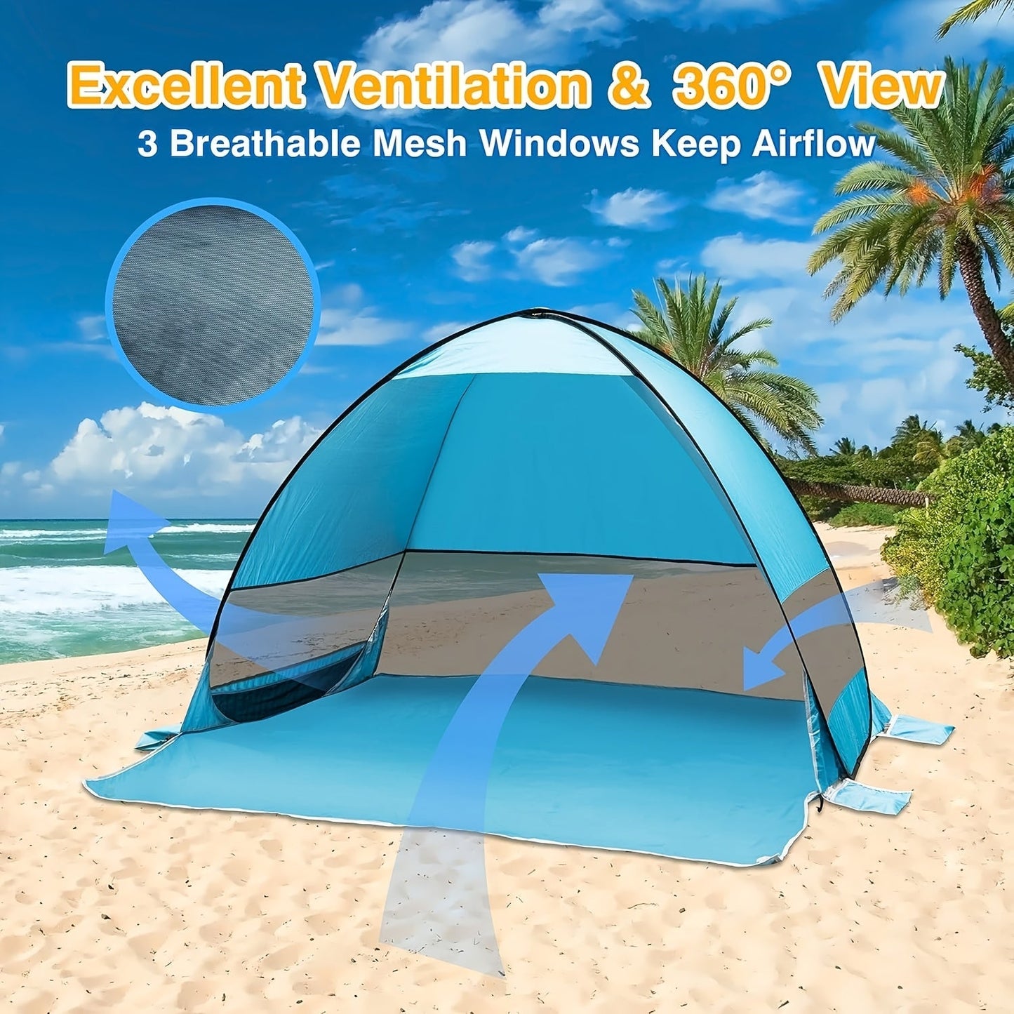 Pop Up Beach Tent 2-3 Person, Portable Sun Shade Shelter with UV Protection & Anti-UV Silver Coating, Easy Setup Camping Canopy with Carry Bag & Stakes for Beach Fishing Hiking Backyard, Blue & Green