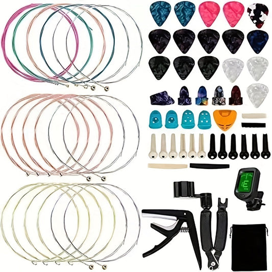 64-Piece Guitar Accessories Kit for Beginners – Includes 3 Sets of Strings, Capo, Clip-On Tuner, Picks, Finger Guards, Bridge Pins, Nut & Saddle, 3-in-1 String Winder Tool & Storage Bag