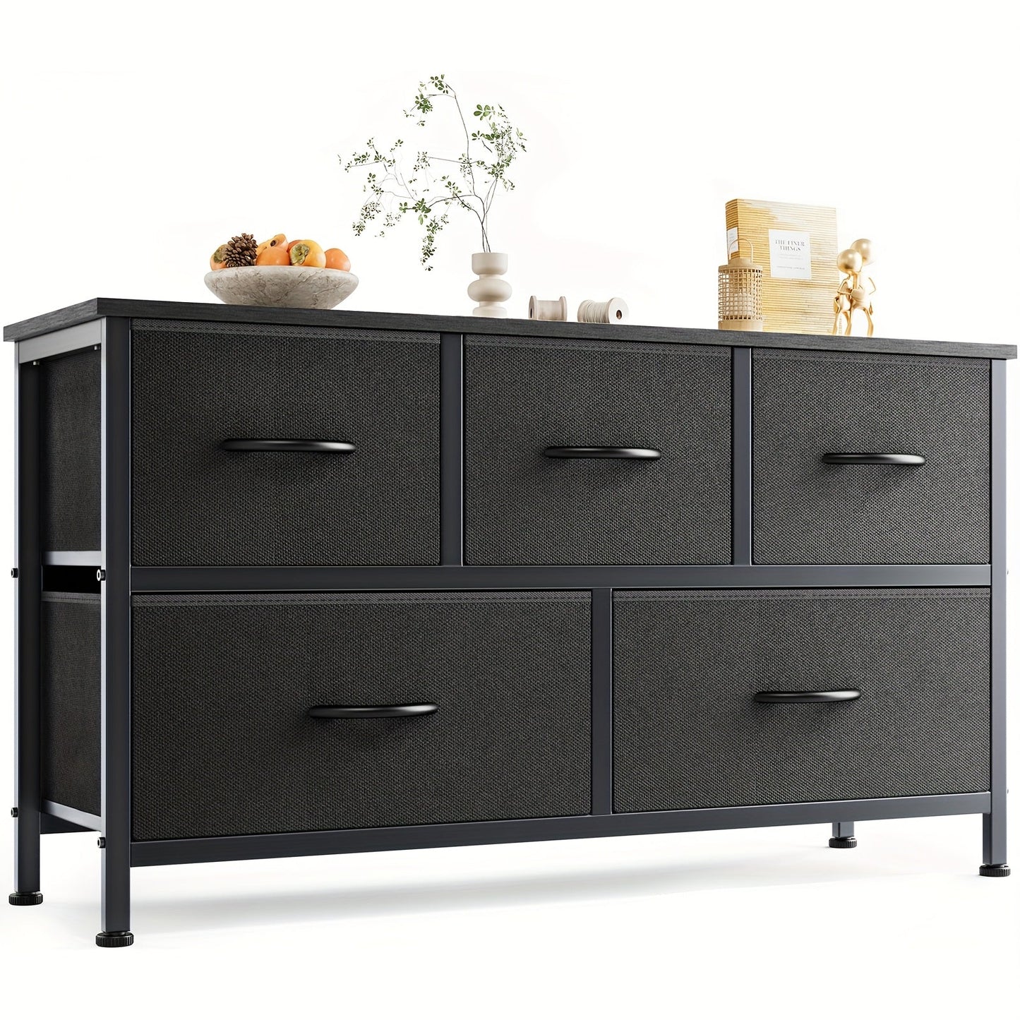 5-Drawer Lateral File Cabinet with Metal Frame & Wooden Top – Industrial Office Storage Organizer, 3 Upper + 2 Lower Drawers, Open Storage, Fits TV up to 45” – Black & Grey