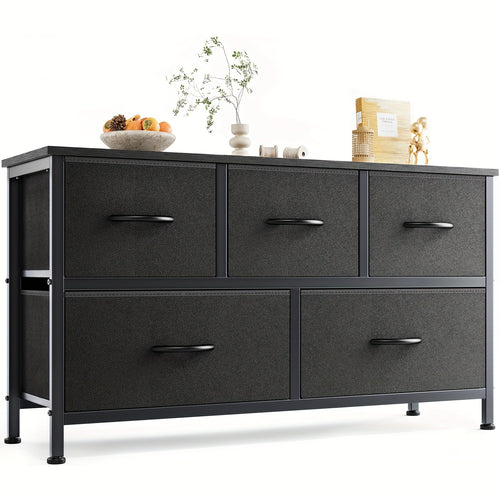 5-Drawer Lateral File Cabinet with Metal Frame & Wooden Top – Industrial Office Storage Organizer, 3 Upper + 2 Lower Drawers, Open Storage, Fits TV up to 45” – Black & Grey