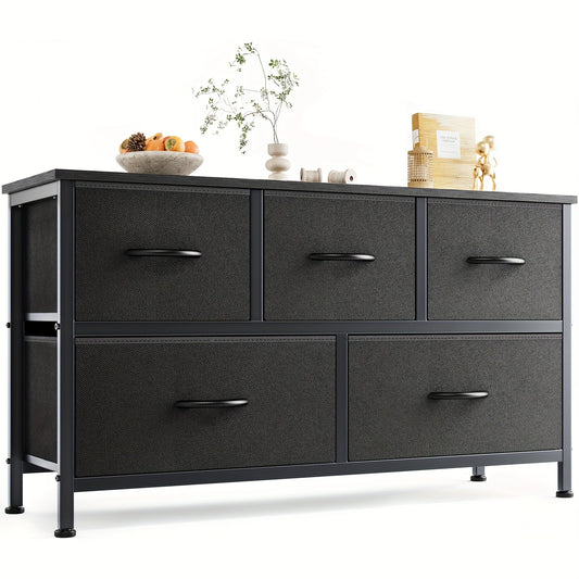 5-Drawer Lateral File Cabinet with Metal Frame & Wooden Top – Industrial Office Storage Organizer, 3 Upper + 2 Lower Drawers, Open Storage, Fits TV up to 45” – Black & Grey