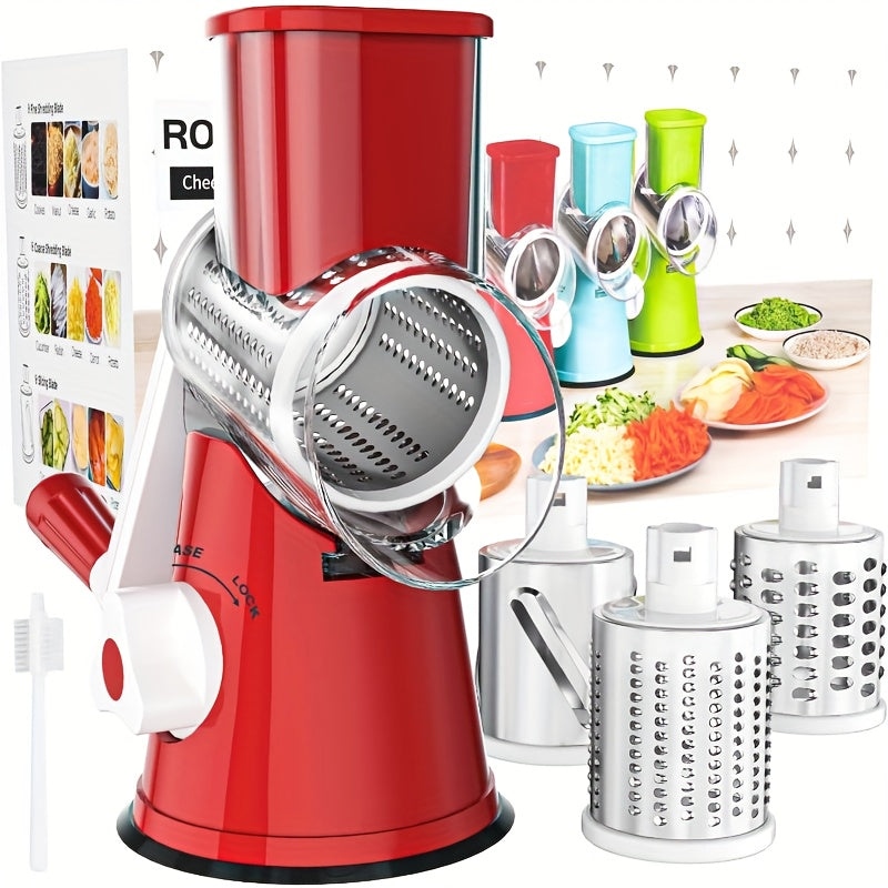 Rotary Cheese Grater Hand Crank Shredder with 3 Interchangeable Blades - Non-Slip Suction Base, Free Cleaning Brush, for Fresh Cheese, Vegetables & Nuts, Kitchen Tool Gift