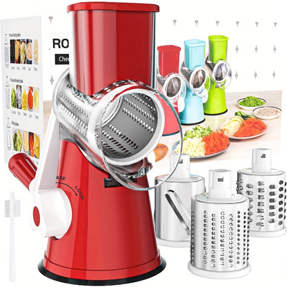 Rotary Cheese Grater Hand Crank Shredder with 3 Interchangeable Blades - Non-Slip Suction Base, Free Cleaning Brush, for Fresh Cheese, Vegetables & Nuts, Kitchen Tool Gift
