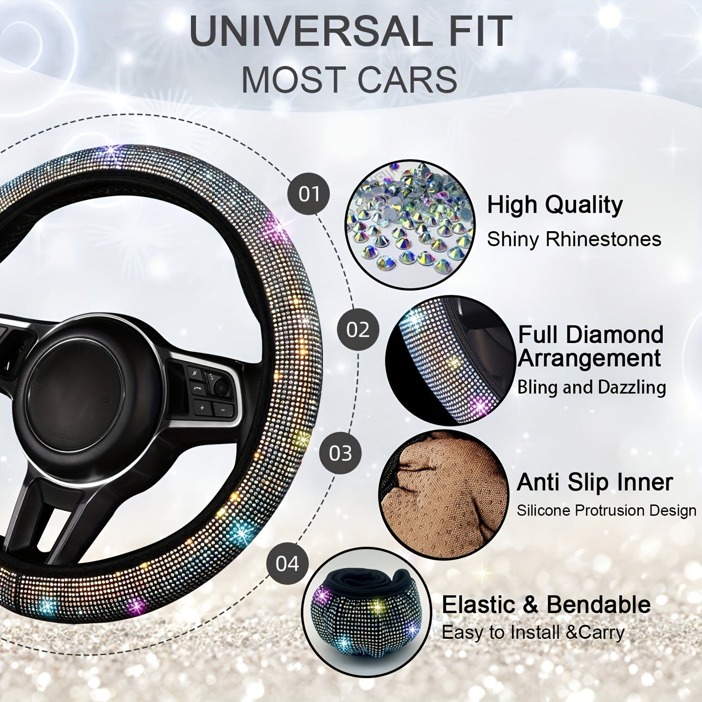 8pc Rhinestone Bling Car Accessories Set for Women – Steering Wheel Cover, Coasters, Seatbelt Pads, Starter Rings & Shift Knob Cover, 7 Colors, Sparkly Glitter Interior Kit