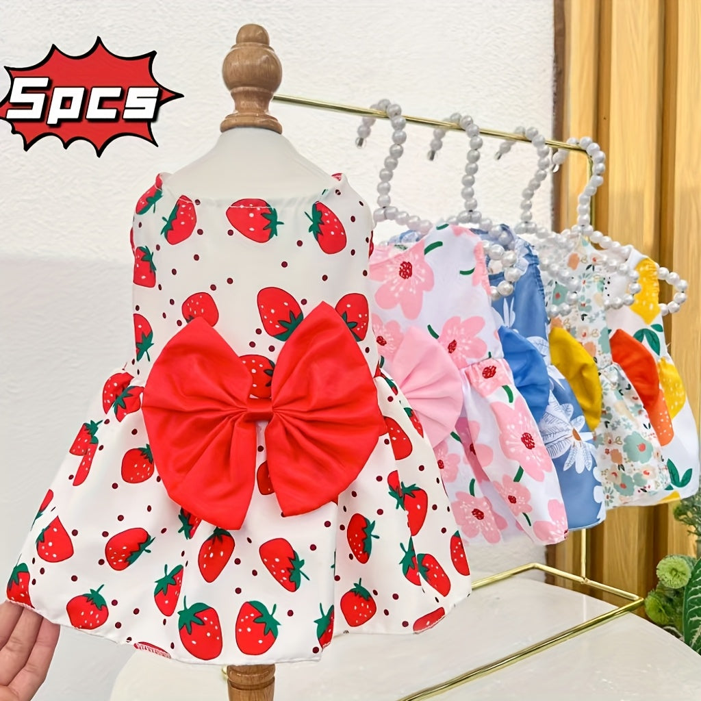 5pcs Dog Dress Set for Small Dogs Floral Princess Bow Puppy Dresses Soft Polyester Pet Costume for Yorkies Chihuahuas Cats Small Pets All Seasons 5 Cute Styles