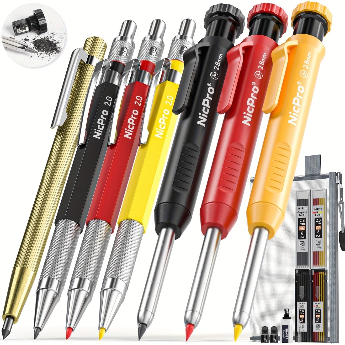 Carpenter Pencil Set with Sharpener – Mechanical Pencils with Refills, Automatic Center Punch & Carbide Scribe Tools in Sturdy Case, 15/16/17/18/27-Piece Pro Marking Kit for Woodworking
