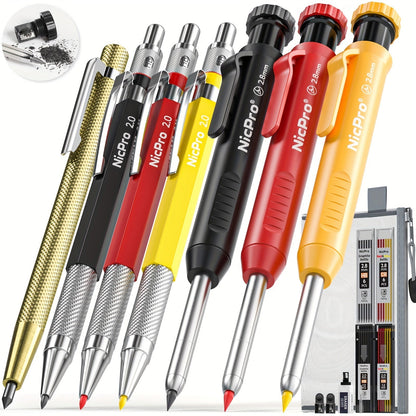 Carpenter Pencil Set with Sharpener – Mechanical Pencils with Refills, Automatic Center Punch & Carbide Scribe Tools in Sturdy Case, 15/16/17/18/27-Piece Pro Marking Kit for Woodworking