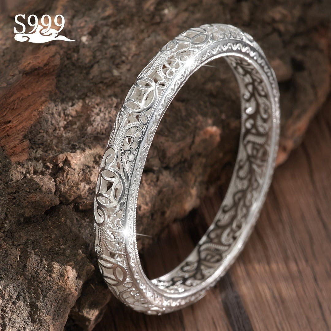 S999 Pure Silver Bangle Bracelet for Women – Solid Closed-End Cuff, High-Purity Fine Silver Jewelry, Elegant Shining Fashion Accessory, Perfect Birthday & Anniversary Gift for Her