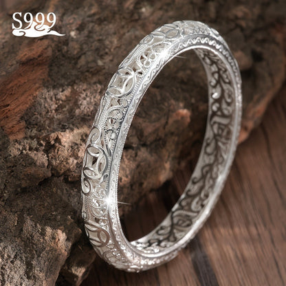 S999 Pure Silver Bangle Bracelet for Women – Solid Closed-End Cuff, High-Purity Fine Silver Jewelry, Elegant Shining Fashion Accessory, Perfect Birthday & Anniversary Gift for Her