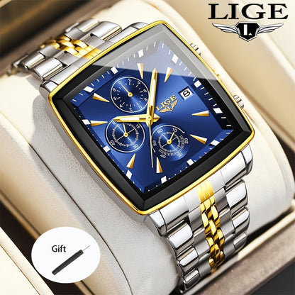 LIGE Men's Square Analog Quartz Watch – Stainless Steel Strap Calendar Display, Preppy Sport Fashion Wristwatch for Men Teens, 8 Color Options, Birthday Graduation Gift Blue Black Gold