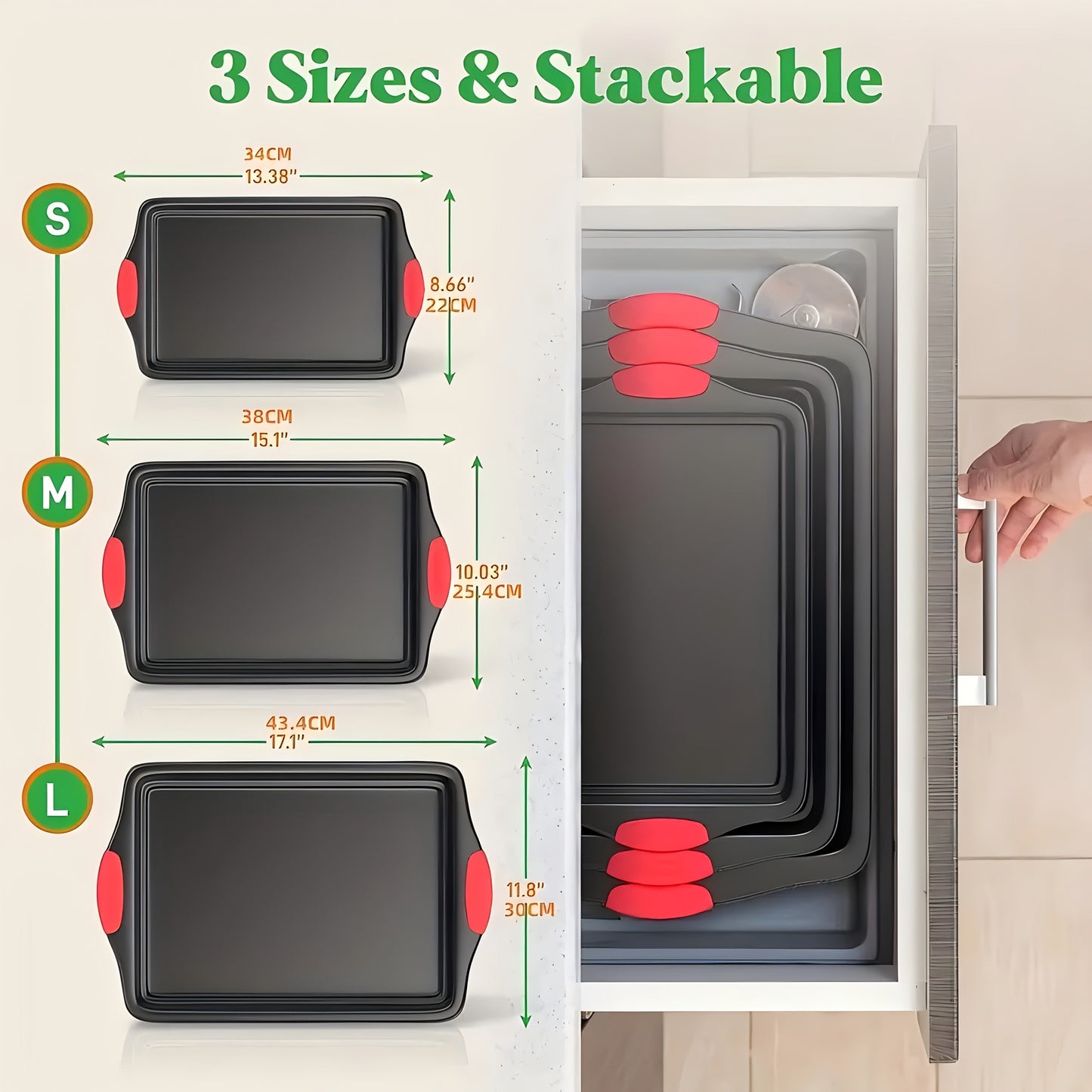 Carbon Steel Non-Stick Baking Pan Set 3-Piece – Commercial Restaurant Grade Oven Safe Bakeware with Red Silicone Handle Double-Sided Coating Sheet Pan Cookie Tray Roasting Pan