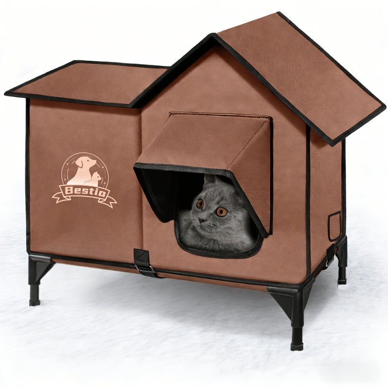 3-in-1 Heated Cat House with Removable Warming Pad & Elevated Bed – Chew-Resistant Cord, Double Door, All-Season Indoor Outdoor Cat Shelter Cave Condo for Cats Kittens & Small Dogs