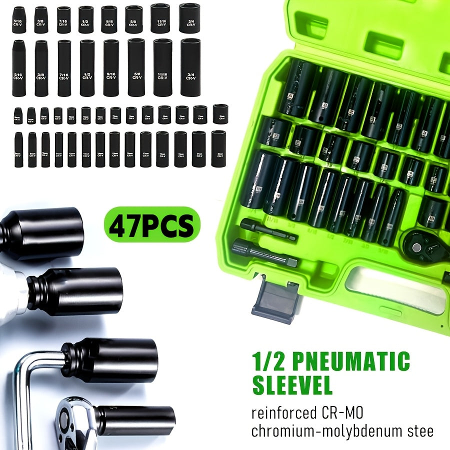 Impact Socket Set CR-V SAE & Metric 6-Point with Ratchet Handle Extension Rod – Choose 34pc 1/2" Drive, 47pc 3/8" Drive, or 53pc Tool Set for Car Repair Home Maintenance & Professional Use