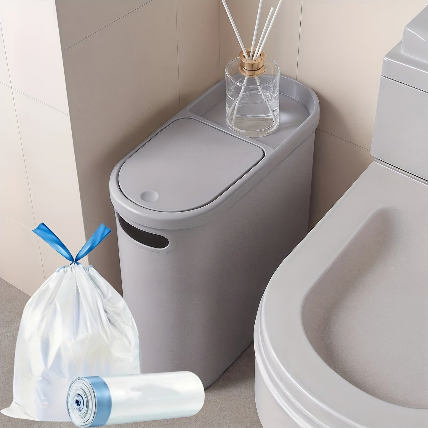 Small Bathroom Trash Can with Built-In Handles 2/1 Pack – Rustproof Plastic Wastebasket, Space-Saving Design for Bathroom, Laundry Room & Home Office, Includes Trash Bags