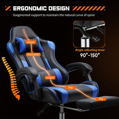 Ergonomic Gaming Chair with Footrest & Lumbar Support – Racing Style Esports Computer Chair, Fixed Armrests, Adjustable Recliner, Home Office Desk Chair for Adults