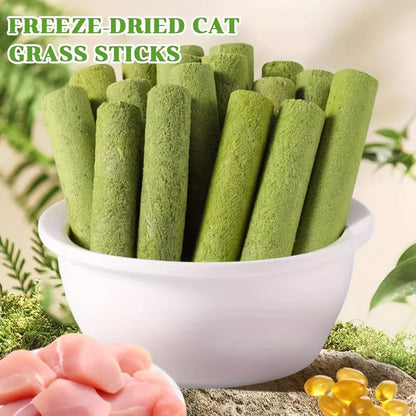 Cat Grass Sticks for Hairball Control – 3-in-1 Freeze-Dried Catnip Treats with Instant Granules & Hair Cream Tablets for Indoor Cats, Natural Hairball Remedy, 15 Count & 15-Pack Bundle