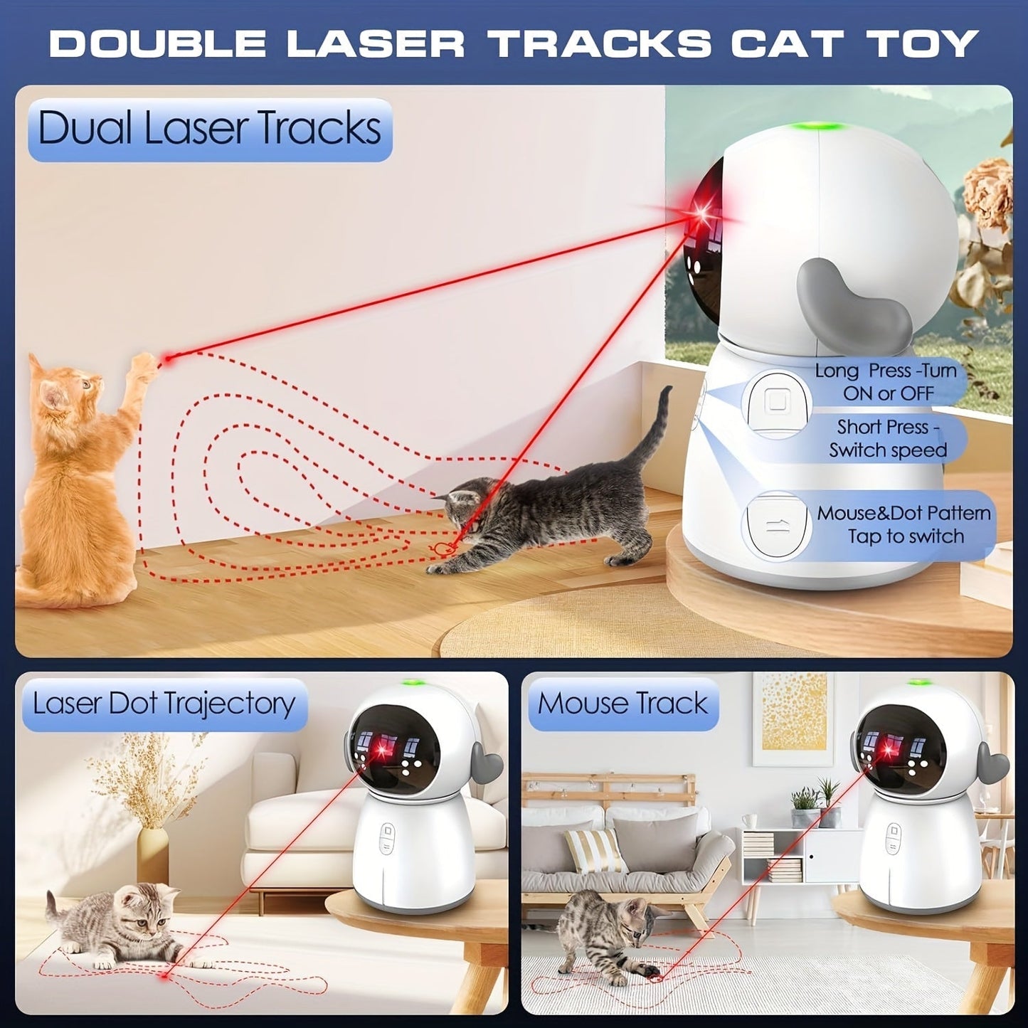 Dual Laser Cat Dog Toy Rechargeable – Auto Motion-Activated Interactive Laser Toy with 3 Speed Modes, 160-Inch Sensor, Adjustable Head for Indoor Cats Kittens Dogs
