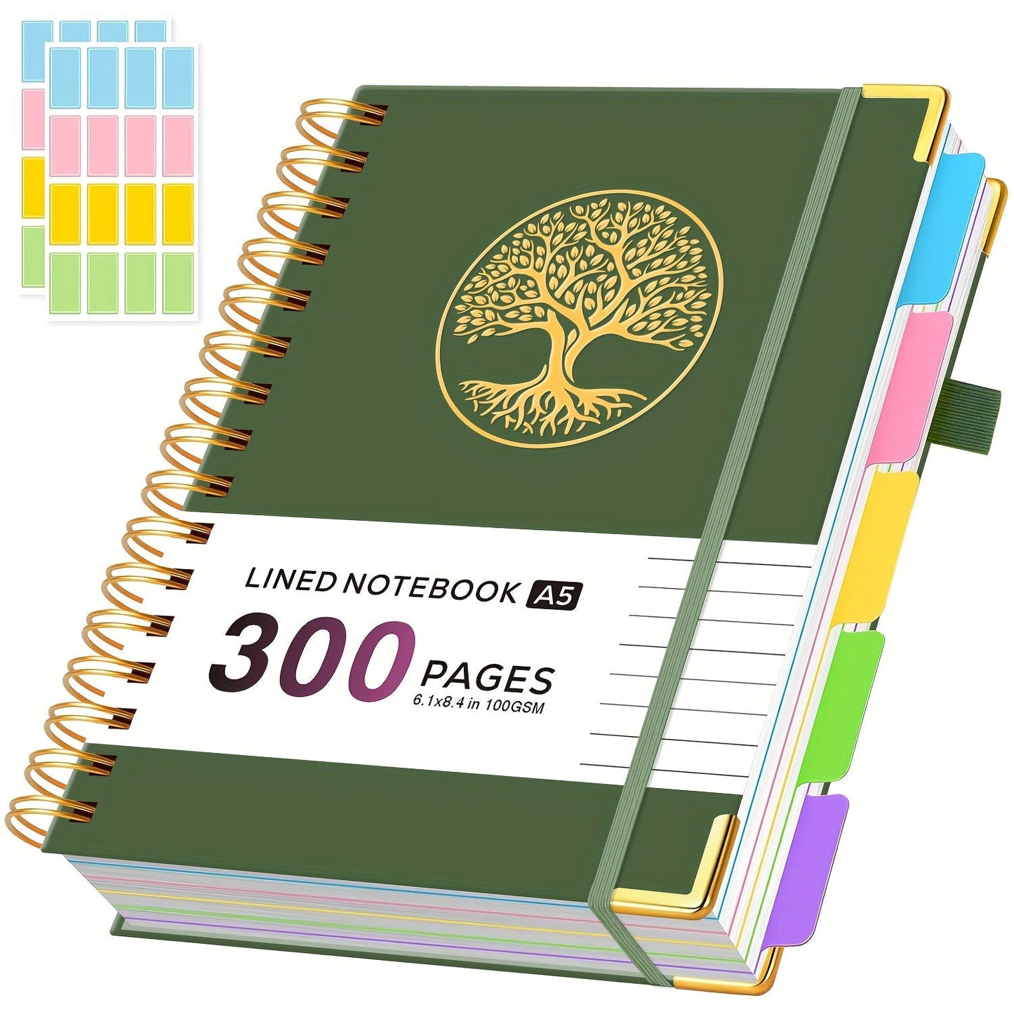 A5 Hardcover 5-Subject Spiral Notebook Journal – 300 College-Ruled Pages with Removable Divider Tabs & Pocket, 6.1" x 8.4" Lined Notebook for Work, School & Note Taking, Back to School Supplies