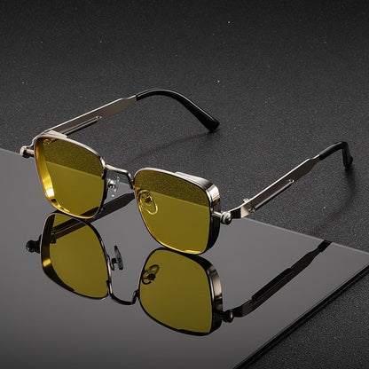 Retro Steampunk Square Sunglasses for Men & Women – Vintage Metal Frame Gradient Green Lenses UV400 Protection, Party Streetwear Festival Eyewear with Case & Cloth, Unique Gift Idea