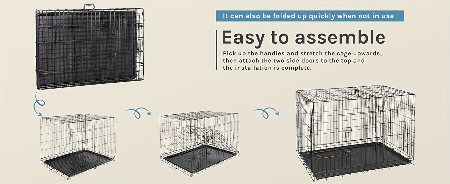 Folding Metal Wire Dog Crate Double Door with Divider Panel Leak-Proof Pan Tray Pet Kennel Indoor Outdoor Travel Small Medium Large XL Dogs 4 Sizes