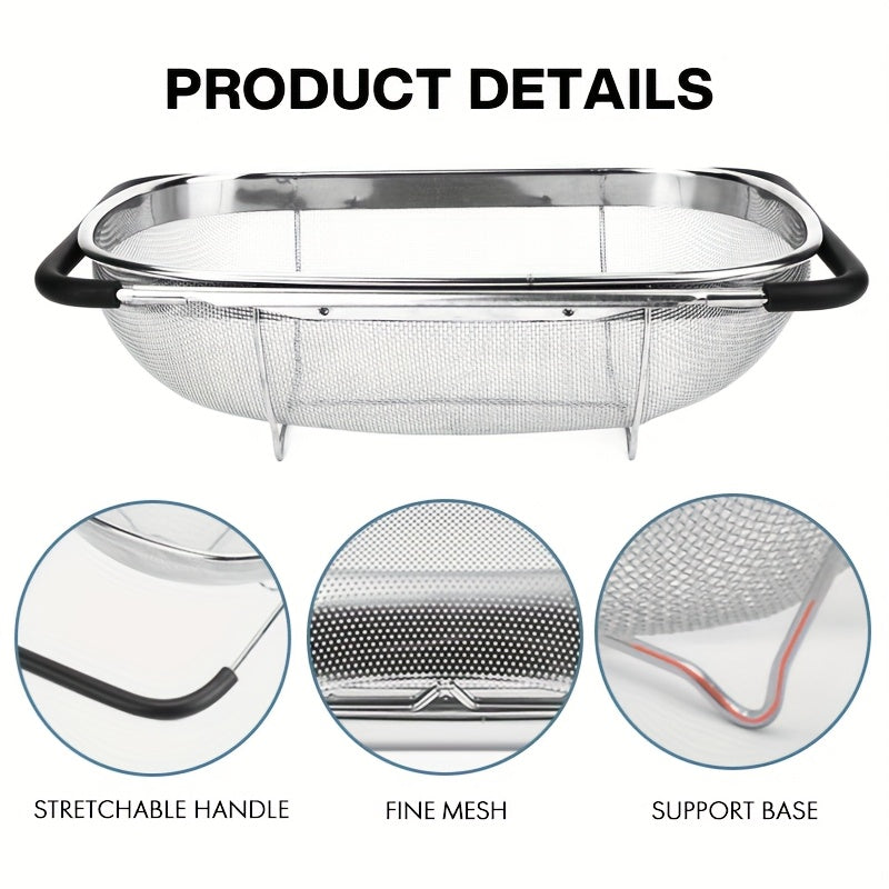 Expandable Stainless Steel Colander Strainer – Fine Mesh Drain Basket for Vegetables Fruits Pasta, Food-Safe Kitchen Essentials, Adjustable Size, Easy Storage