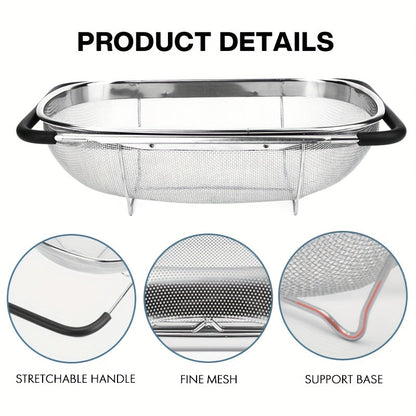 Expandable Stainless Steel Colander Strainer – Fine Mesh Drain Basket for Vegetables Fruits Pasta, Food-Safe Kitchen Essentials, Adjustable Size, Easy Storage
