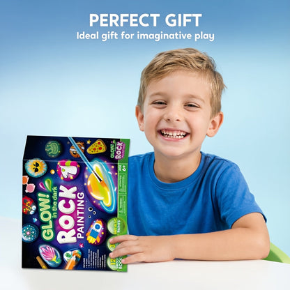 Glow in the Dark Rock Painting Kit for Kids Ages 6+ – Complete Arts & Crafts Set with 10 Rocks, 17 Paints, Gems, Brushes & Stickers | STEM Creative Art Toy Gift for Boys & Girls, Birthday & Easter