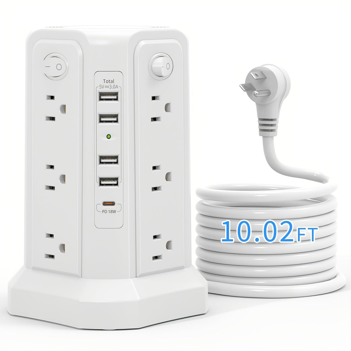 Power Strip Tower 16 AC Outlets 5 USB Ports USB-C PD20W 1500J Surge Protector Flat Plug Desktop Extension Cord